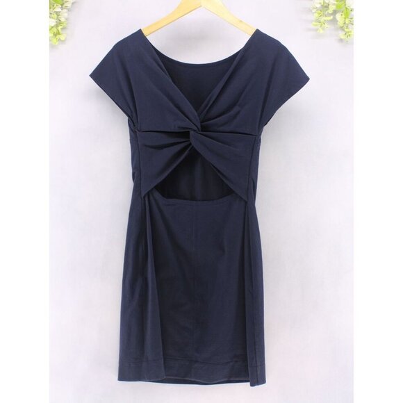 Theory Andrizza Twisted Back Navy Soft Stretch Seersucker Sheath Dress Sz 0 NEW - Picture 2 of 11